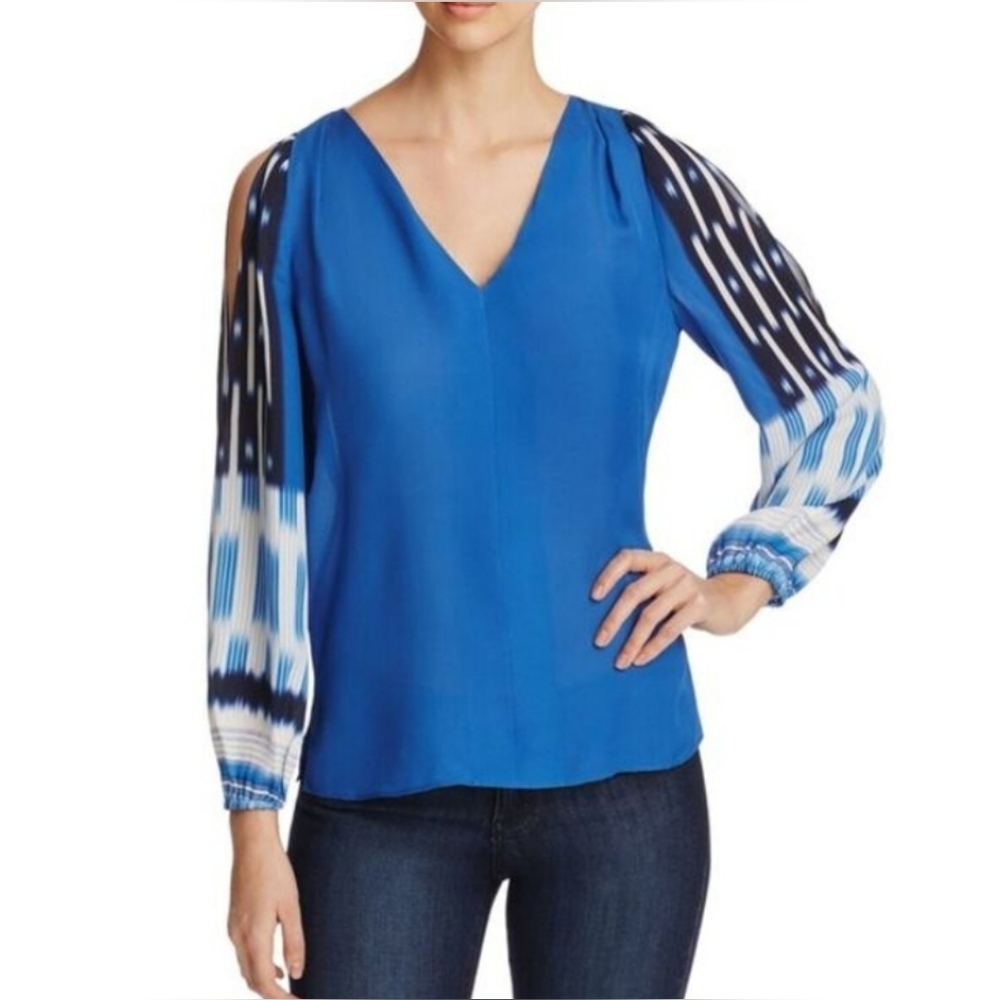 KOBI HALPERIN Womens Blue Cold Shoulder Pleated Balloon Sleeve V Neck Blouse S